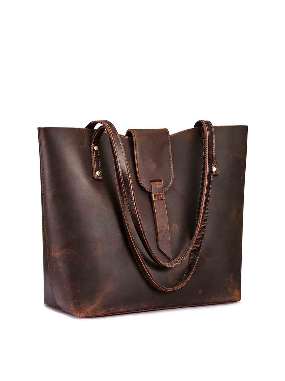 S-ZONE brown leather Tote Crossbody satchel bag with brass-tone hardware